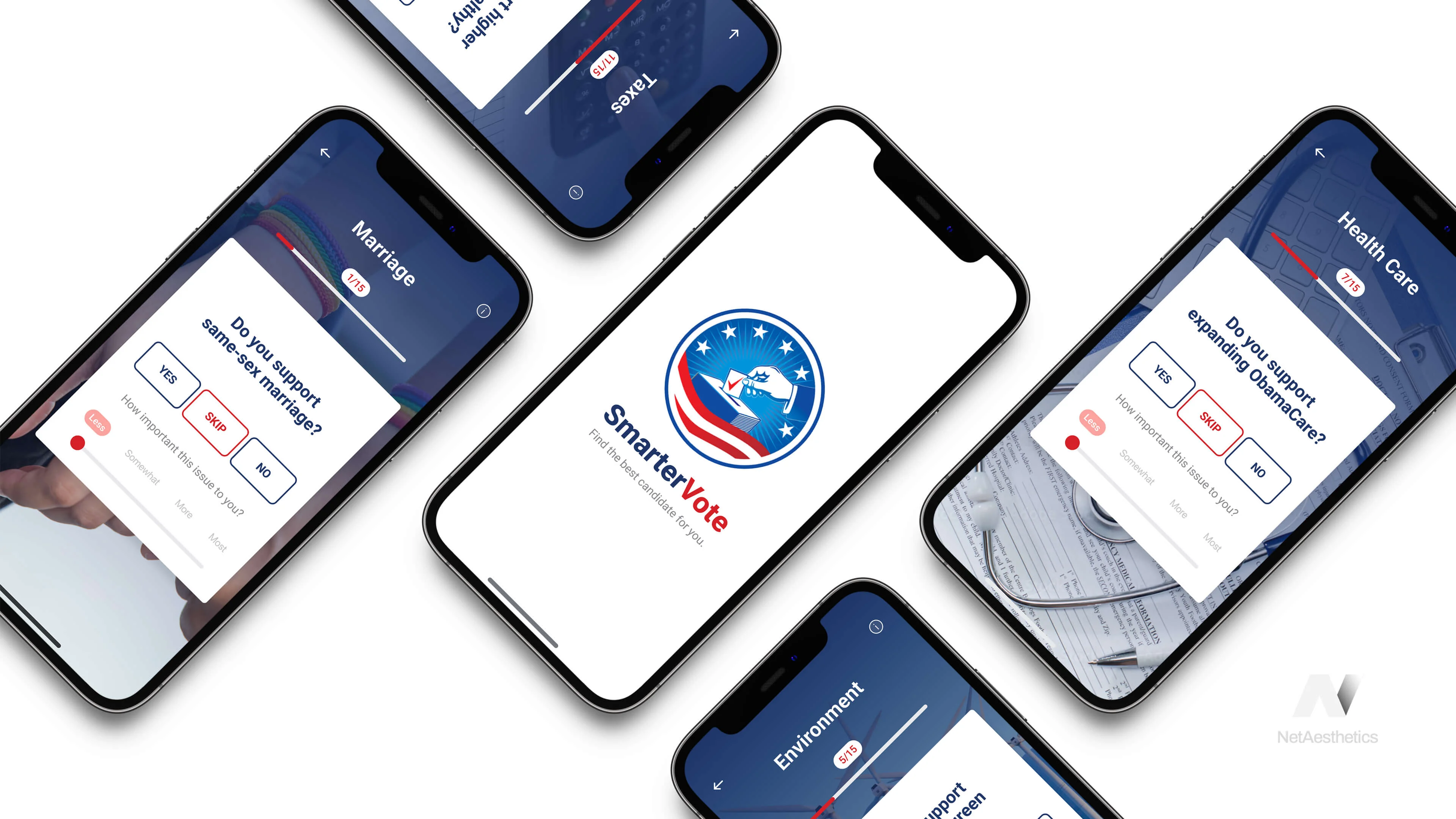 SmarterVote app — voter quiz interface showing issue-based candidate matching on iOS and Android