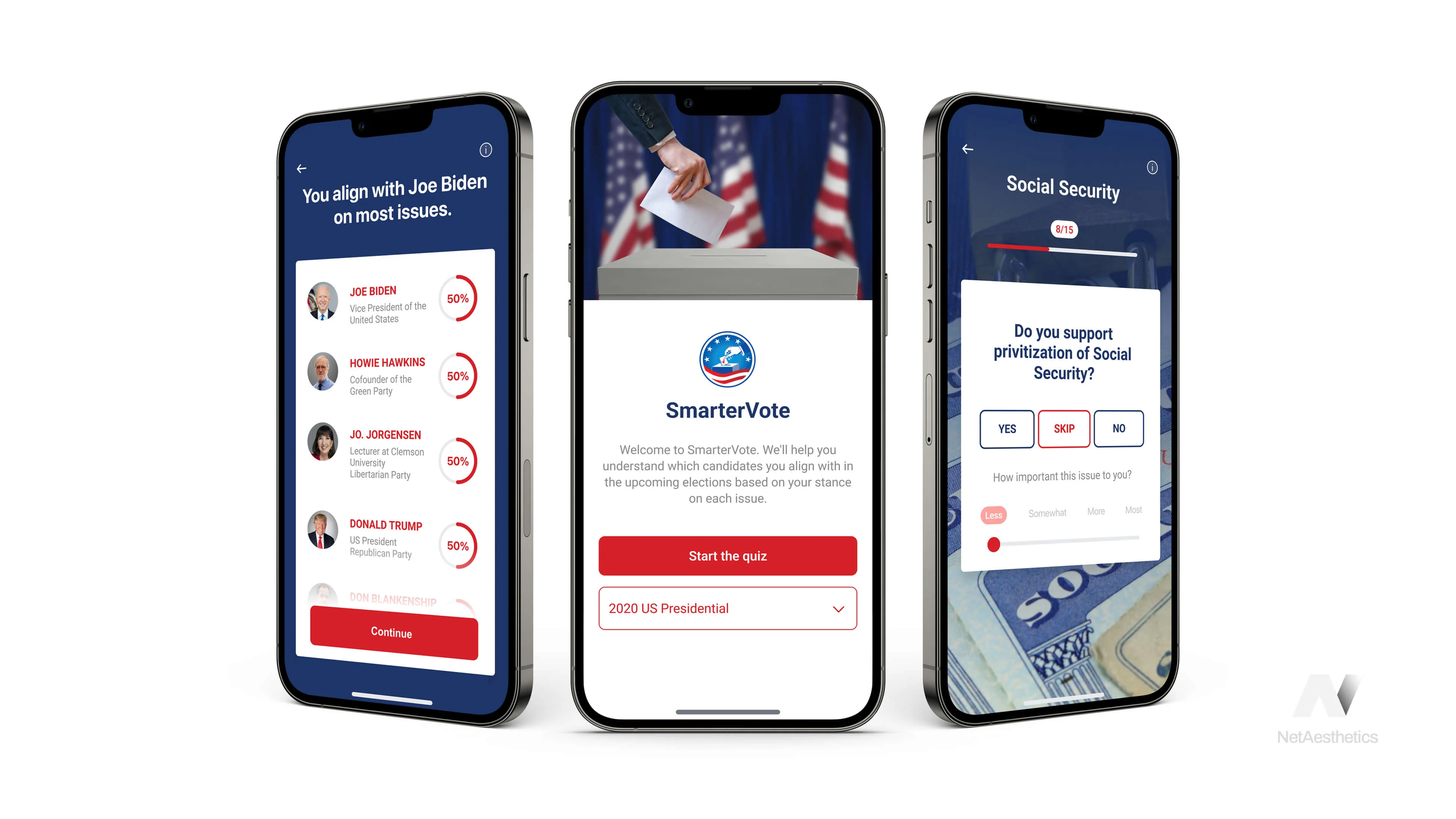 SmarterVote app — candidate results screen showing alignment scores across multiple ballot races